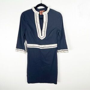 TORY BURCH Megan Navy Blue Silver Trim 3/4 Sleeves V-Neck Kaftcan Dress, Size 2